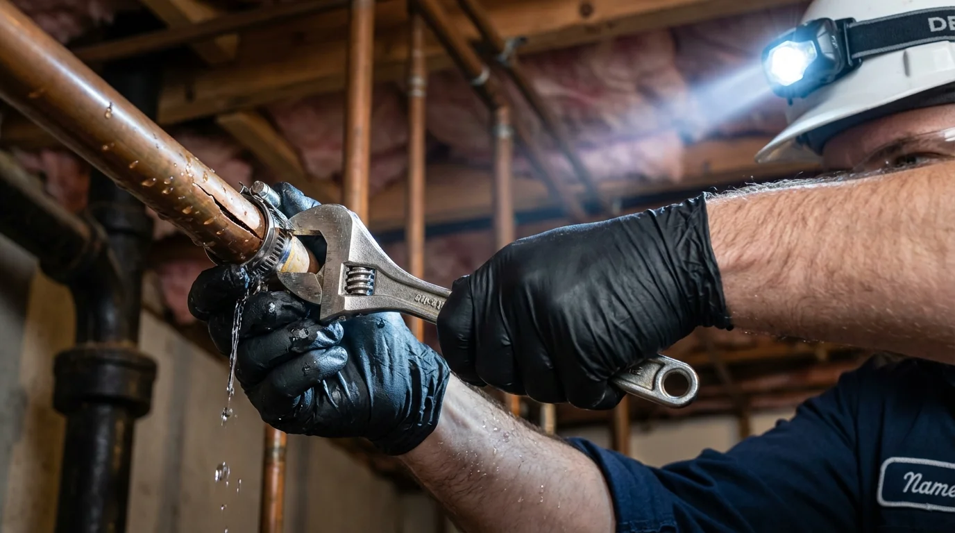 Emergency pipe clamp repair being performed by a Johns Plumbing LLC plumber in Kure Beach