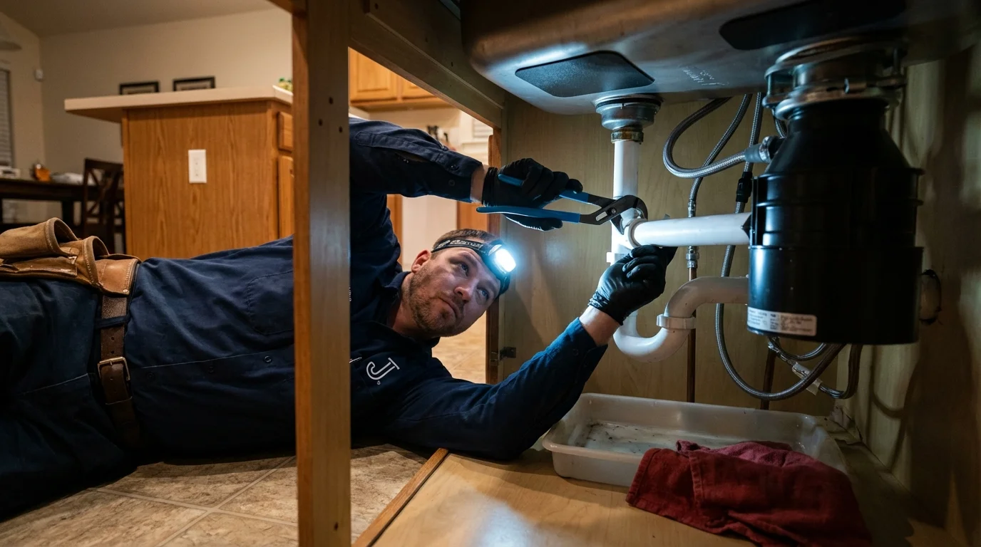 P-trap and supply line connections under a kitchen sink showing a common leak point in Kure Beach, NC